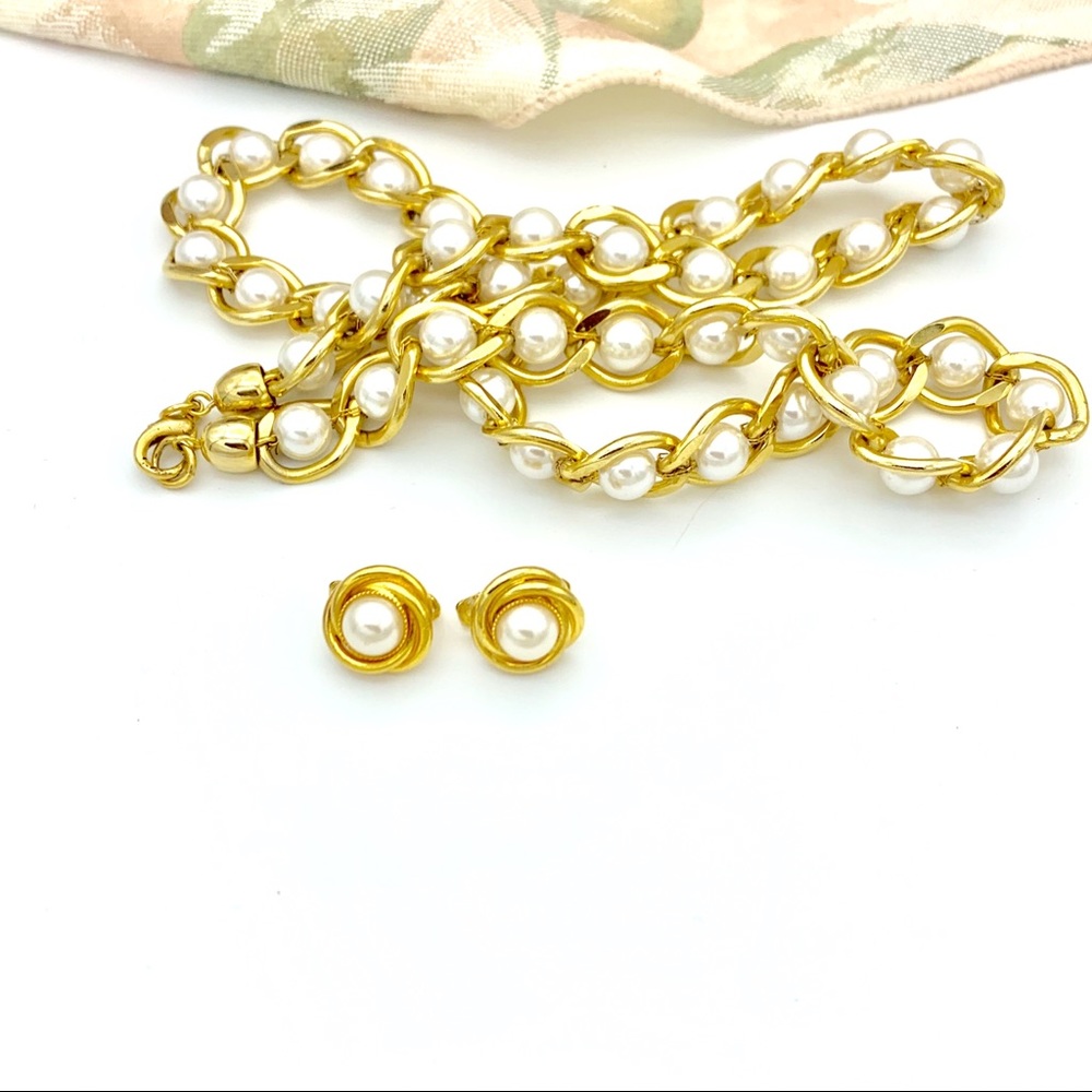 Vintage Faux Pearl Necklace Earrings High Quality